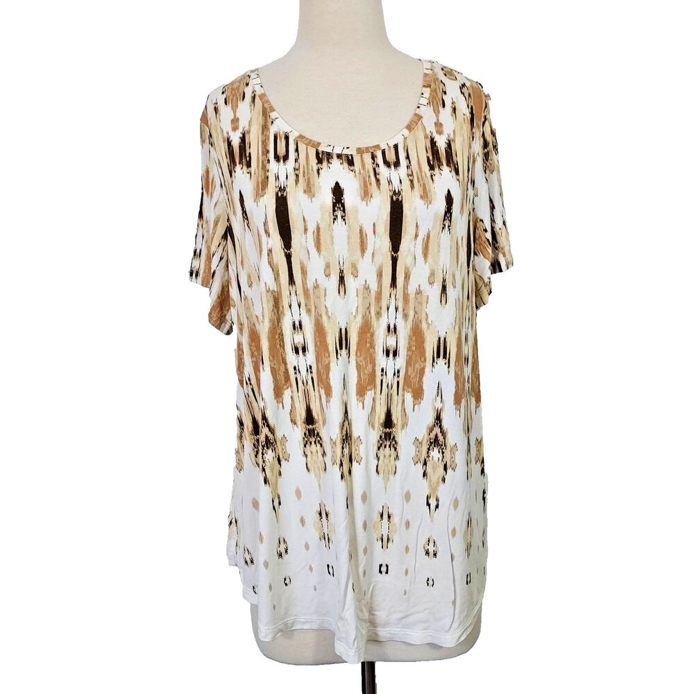 JM Collection T Shirt Top Womens Plus Size 2X Comfy Soft Casual Brown White